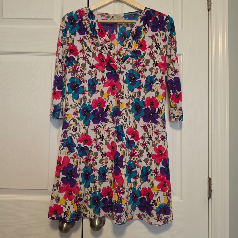 Kim & Co Floral Print V-Neck 3/4 Sleeve Multi-Color Tunic Dress Size Medium
